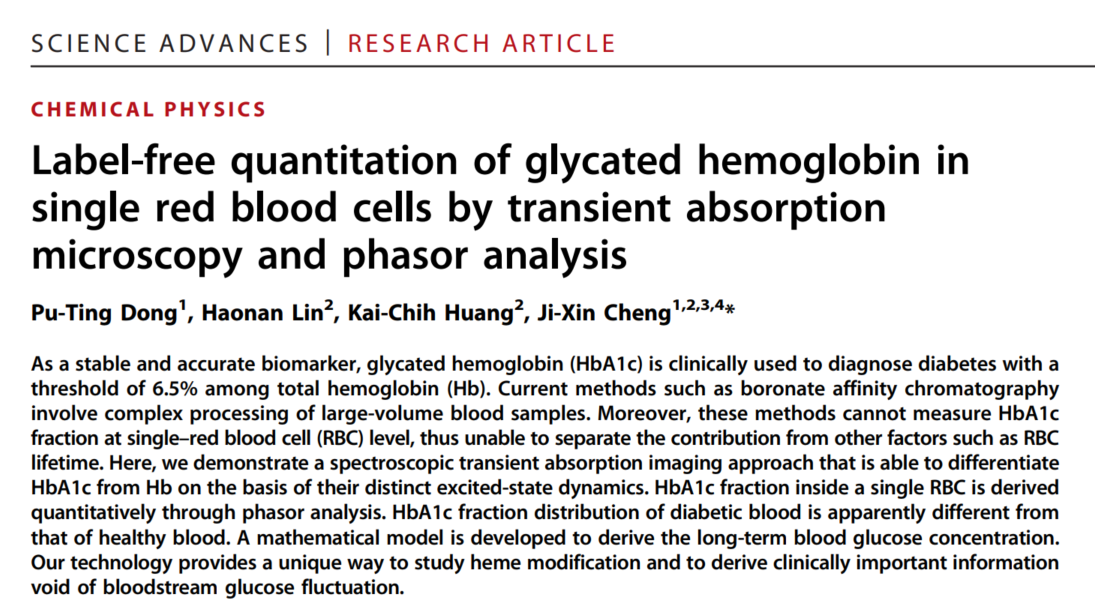 Label-free quantitation of glycated hemoglobin in single red blood cells by transient absorption microscopy and phasor analysis