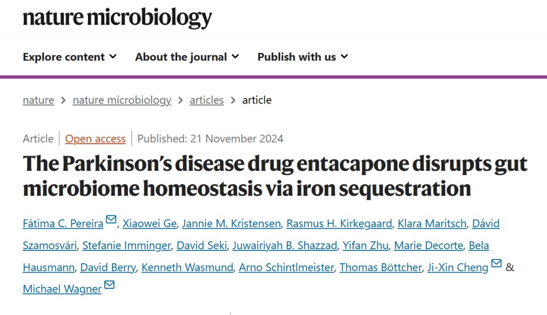 The Parkinson’s disease drug entacapone disrupts gut microbiome homoeostasis via iron sequestration